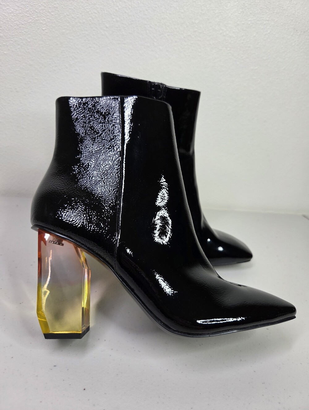 Mango MNG Black Patent Ankle Booties with Translucent Amber Block Heel